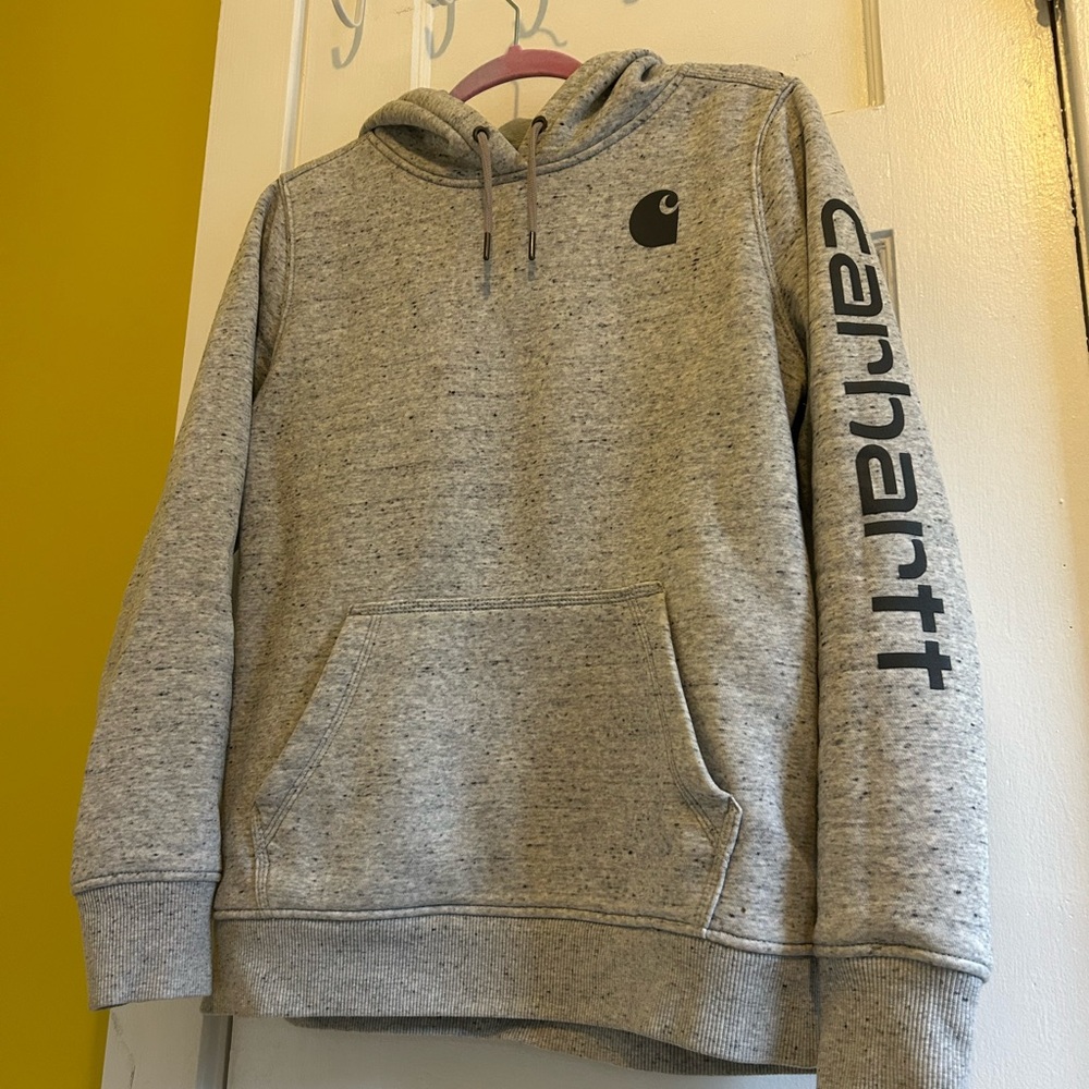 Carhartt Relaxed Fit Heather Gray Pullover Hoodie w Logo Sleeve Size M(8/10)